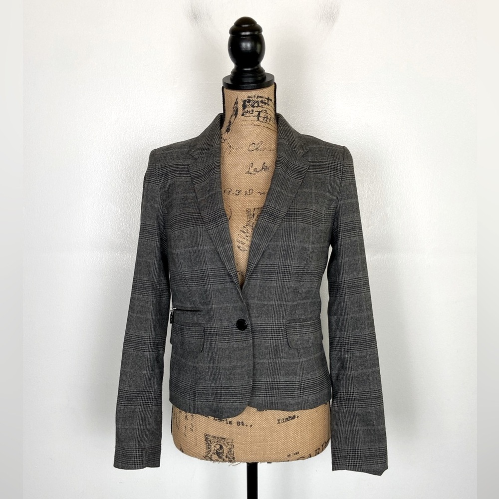 Calvin Klein Women's Blazer Sz 6P Glen Plaid Gray & Black Preppy Career Stretch